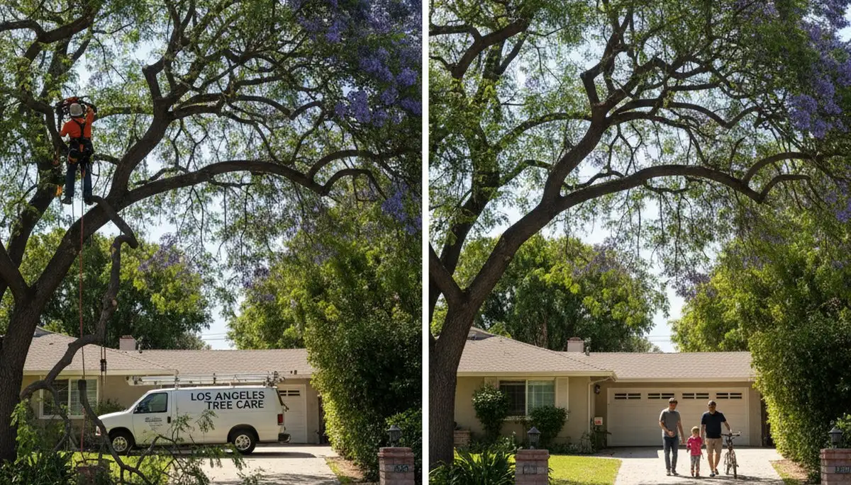 Arborist performing canopy lift tree trimming on mature tree above residential driveway in Los Angeles, CA