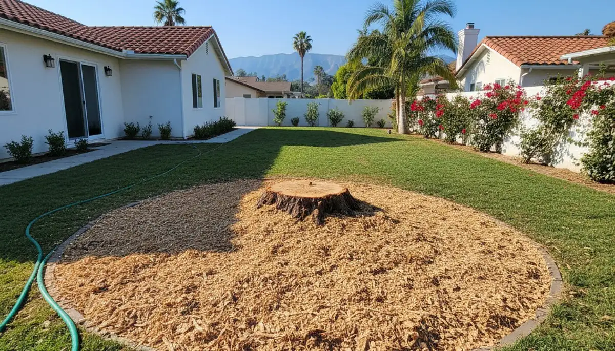 Finished stump grinding with wood chips after tree removal in Los Angeles, CA yard restoration