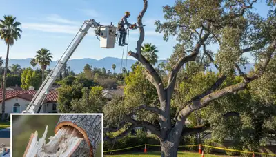 Arborist removing dead branches from mature tree during deadwood removal in Los Angeles, CA
