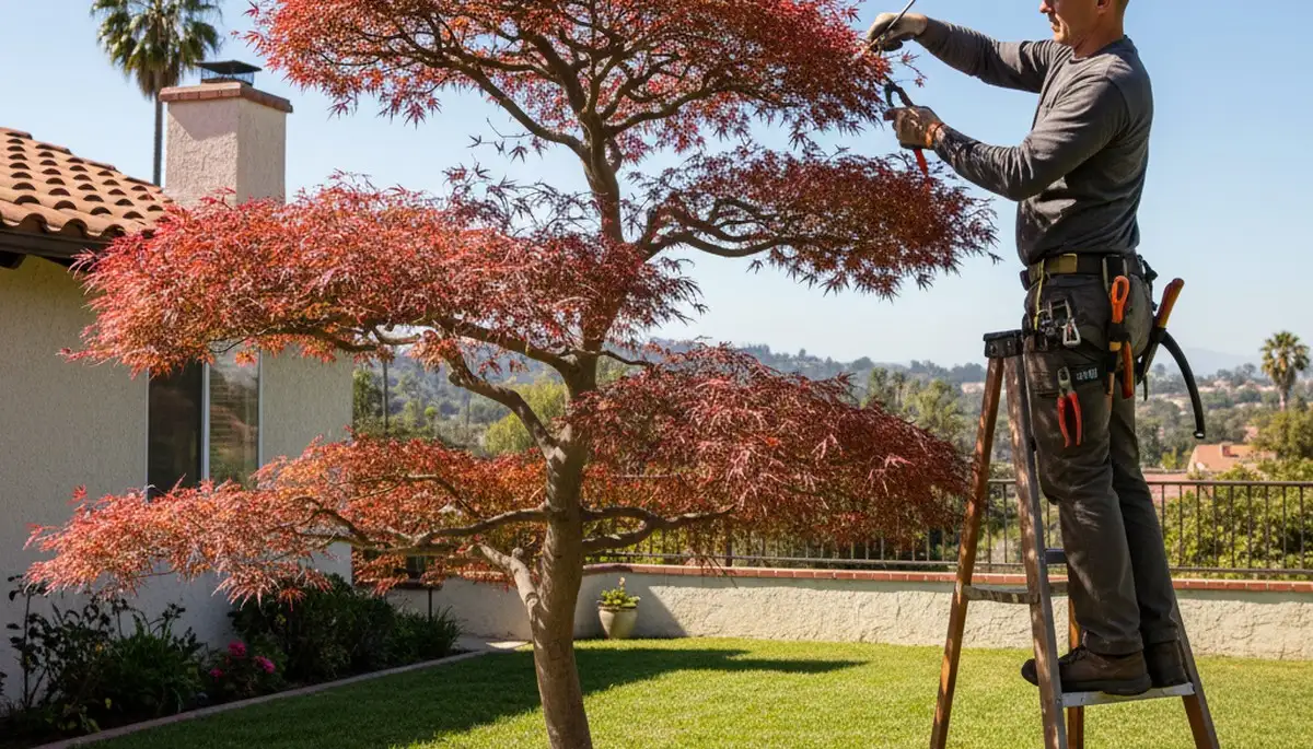 Arborist hand pruning ornamental Japanese maple tree in Los Angeles, CA residential landscape