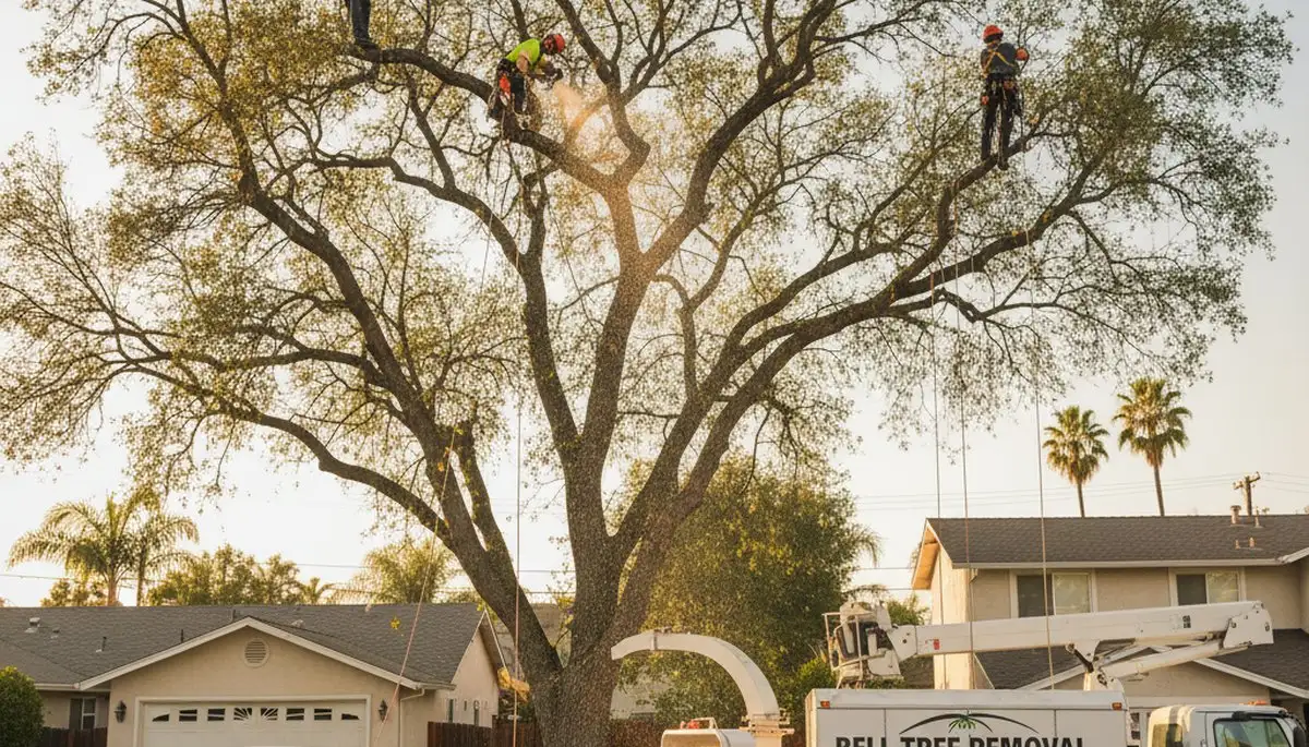 Professional tree removal service in Los Angeles CA safely cutting down large backyard tree