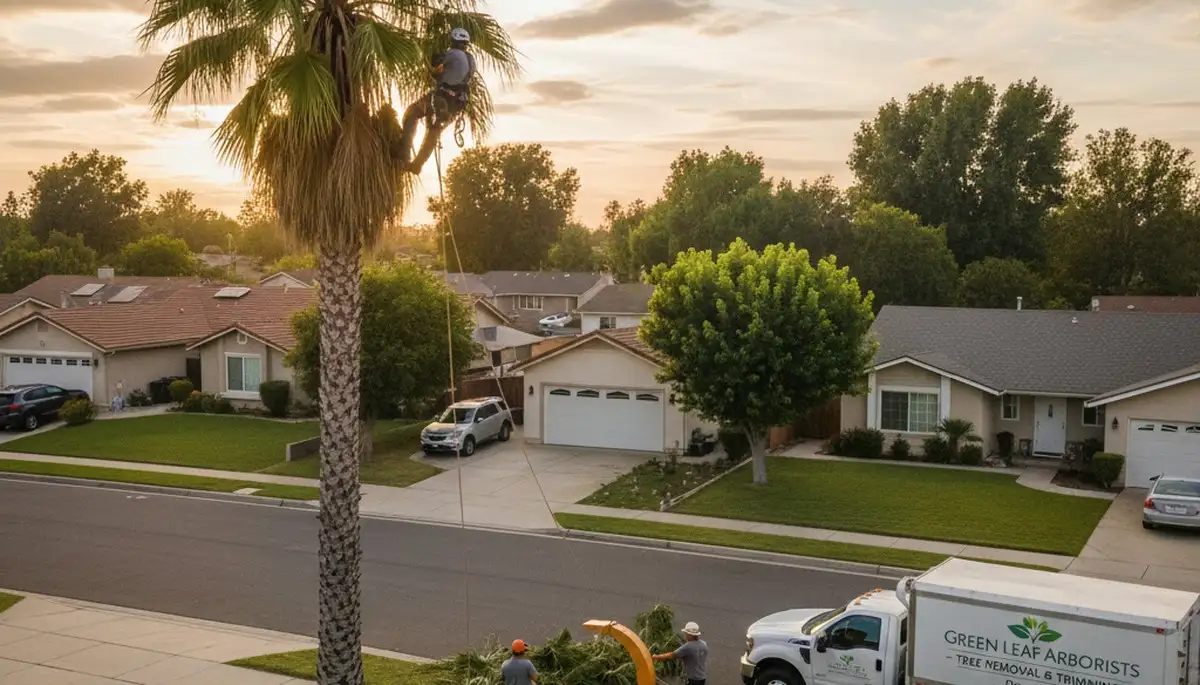 Professional tree removal service in Los Angeles, CA safely cutting down a large oak tree