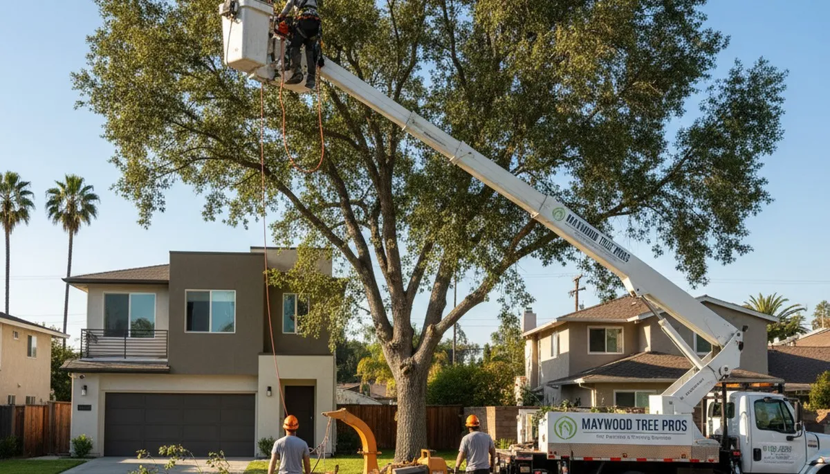 Professional tree removal service in Los Angeles CA safely cutting and clearing large backyard trees