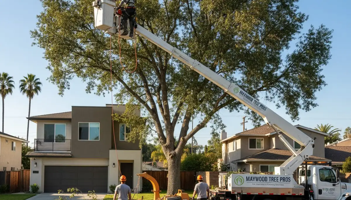 Professional tree removal service in Los Angeles CA safely cutting and clearing large backyard trees