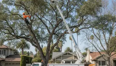 Professional tree removal service in Los Angeles, CA safely cutting and clearing large oak trees
